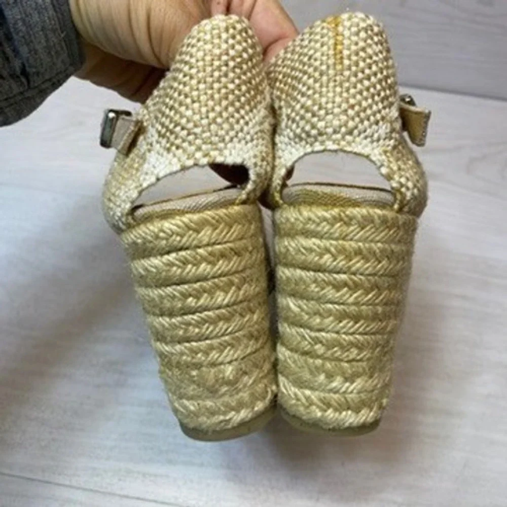 Castañer Women 6 36 Espadrille Wedge Sandal Ankle Strap Tan Canvas Jute Platform